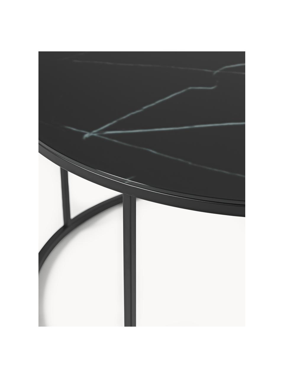 Runder Couchtisch Antigua mit Glasplatte in Marmor-Optik, Tischplatte: Glas, matt bedruckt, Gestell: Stahl, pulverbeschichtet, Marmor-Optik Schwarz, Schwarz matt, Ø 80 cm