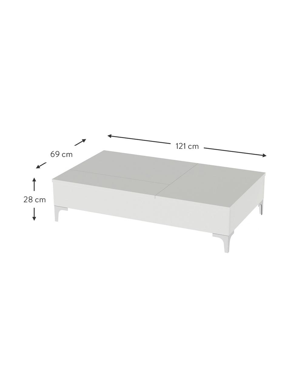 Tavolino da salotto con funzione di sollevamento e contenitore Esinti, Gambe: metallo rivestito, Bianco, Larg. 121 x Alt. 28 cm