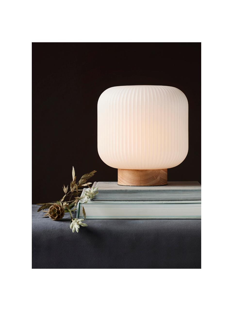Lámpara de noche pequeña Milford, estilo escandinavo, Pantalla: vidrio opalino, Cable: cubierto en tela, Blanco opalino, madera, Ø 20 x Al 21 cm