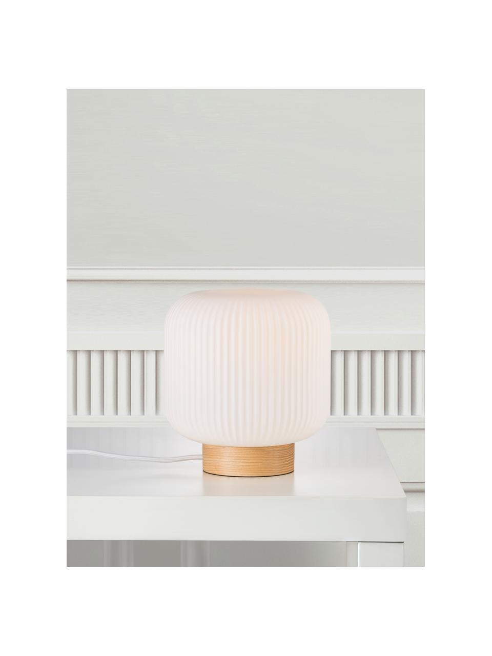 Kleine tafellamp Milford, Lampenkap: opaalglas, Lampvoet: hout, Opaalwit, helder hout, Ø 20 x H 21 cm