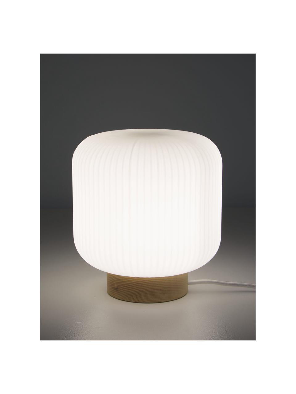 Petite lampe de chevet scandi Milford, Blanc opalescent, bois clair, Ø 20 x haut. 21 cm