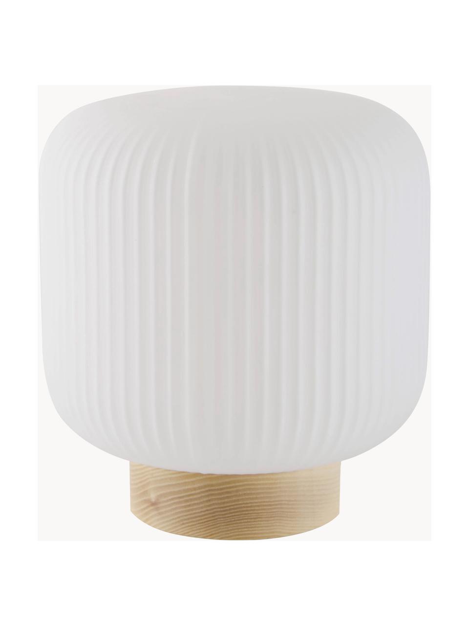 Malá stolní lampa Milford, Opálově bílá, světlé dřevo, Ø 20 cm, V 21 cm