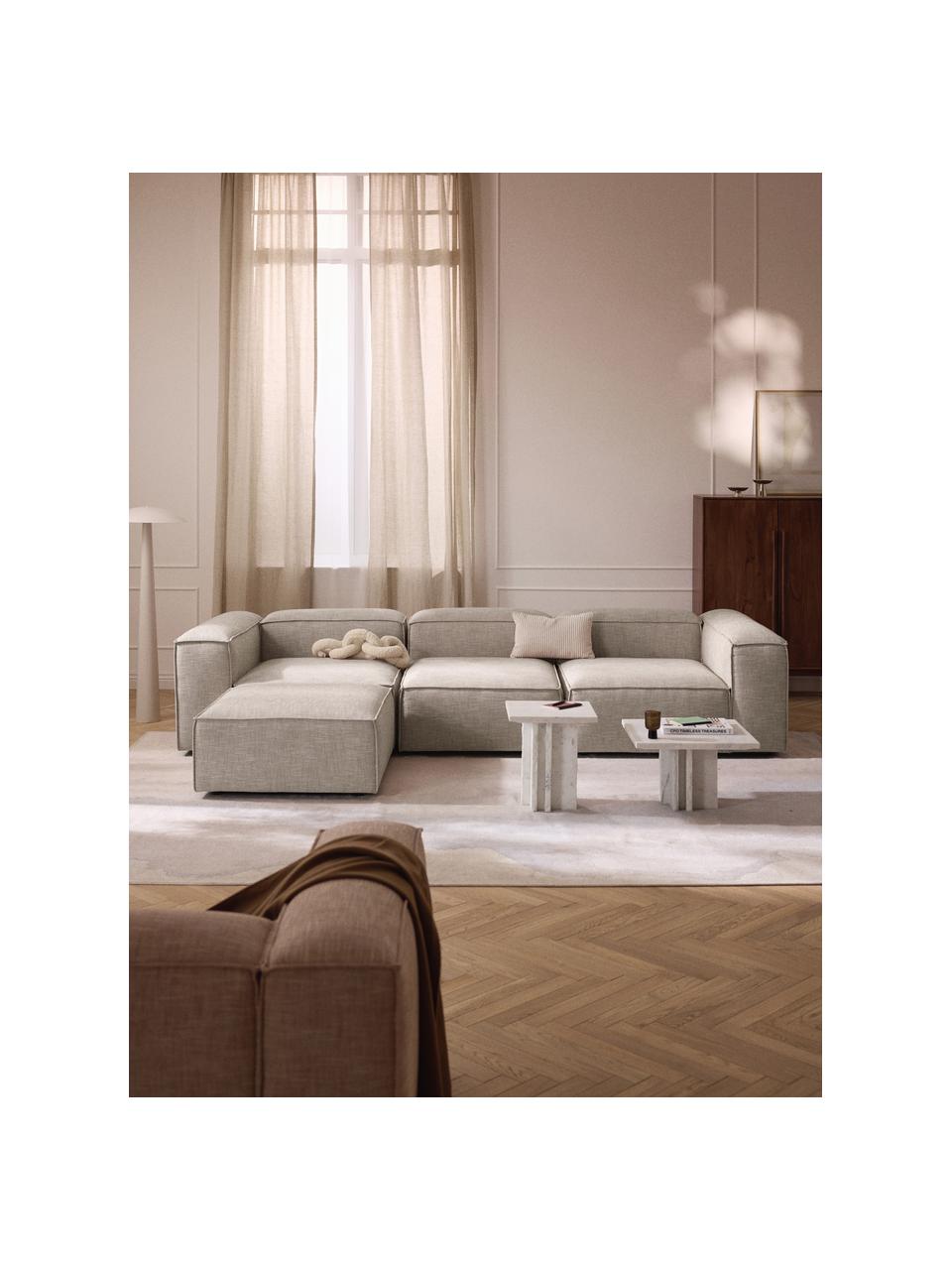 Canapé modulable 4 places en mélange de lin avec pouf Lennon, Mélange de lin gris, larg. 329 x prof. 207 cm