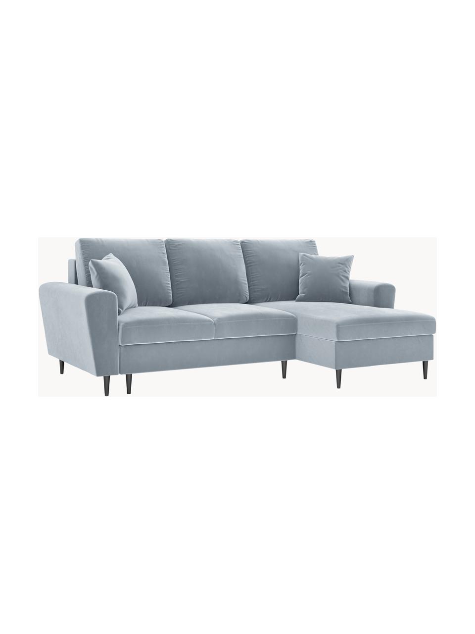 Canapé d'angle 3 places en velours avec fonction lit et rangement Moghan, Velours bleu ciel, noir, larg. 241 x prof. 145 cm, méridienne à gauche