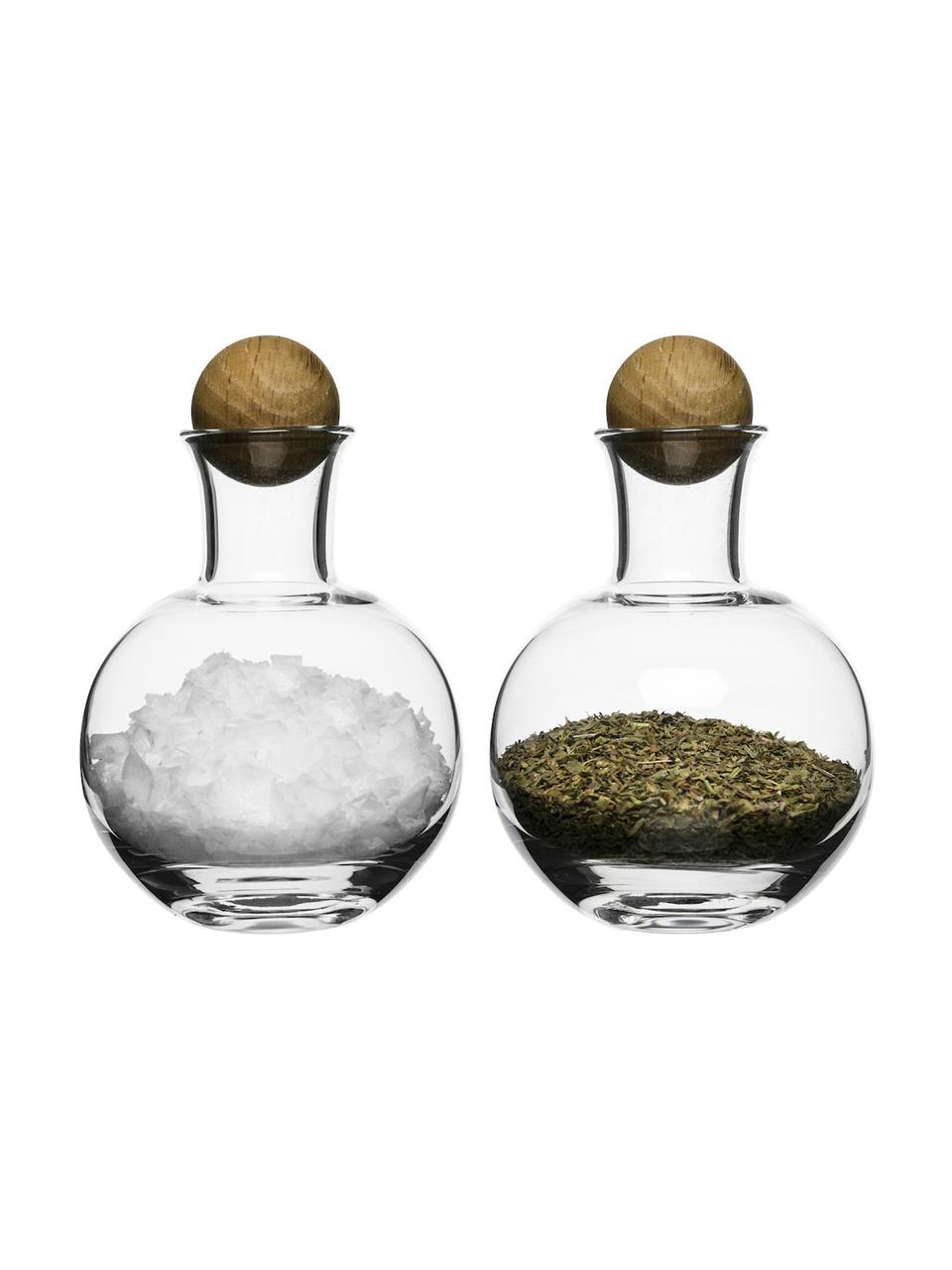 Botes para especias de vidrio soplado artesanalmente Eden, 2 uds., Botes: vidrio soplado artesanalm, Transparente, madera de roble, Ø 10 x Al 10 cm