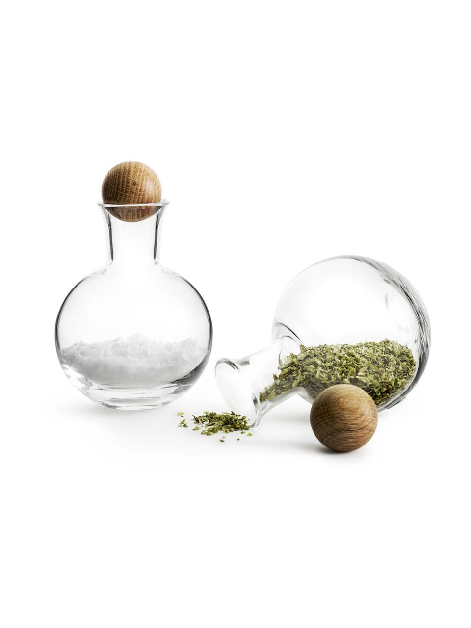 Botes para especias de vidrio soplado artesanalmente Eden, 2 uds., Botes: vidrio soplado artesanalm, Transparente, madera de roble, Ø 10 x Al 10 cm