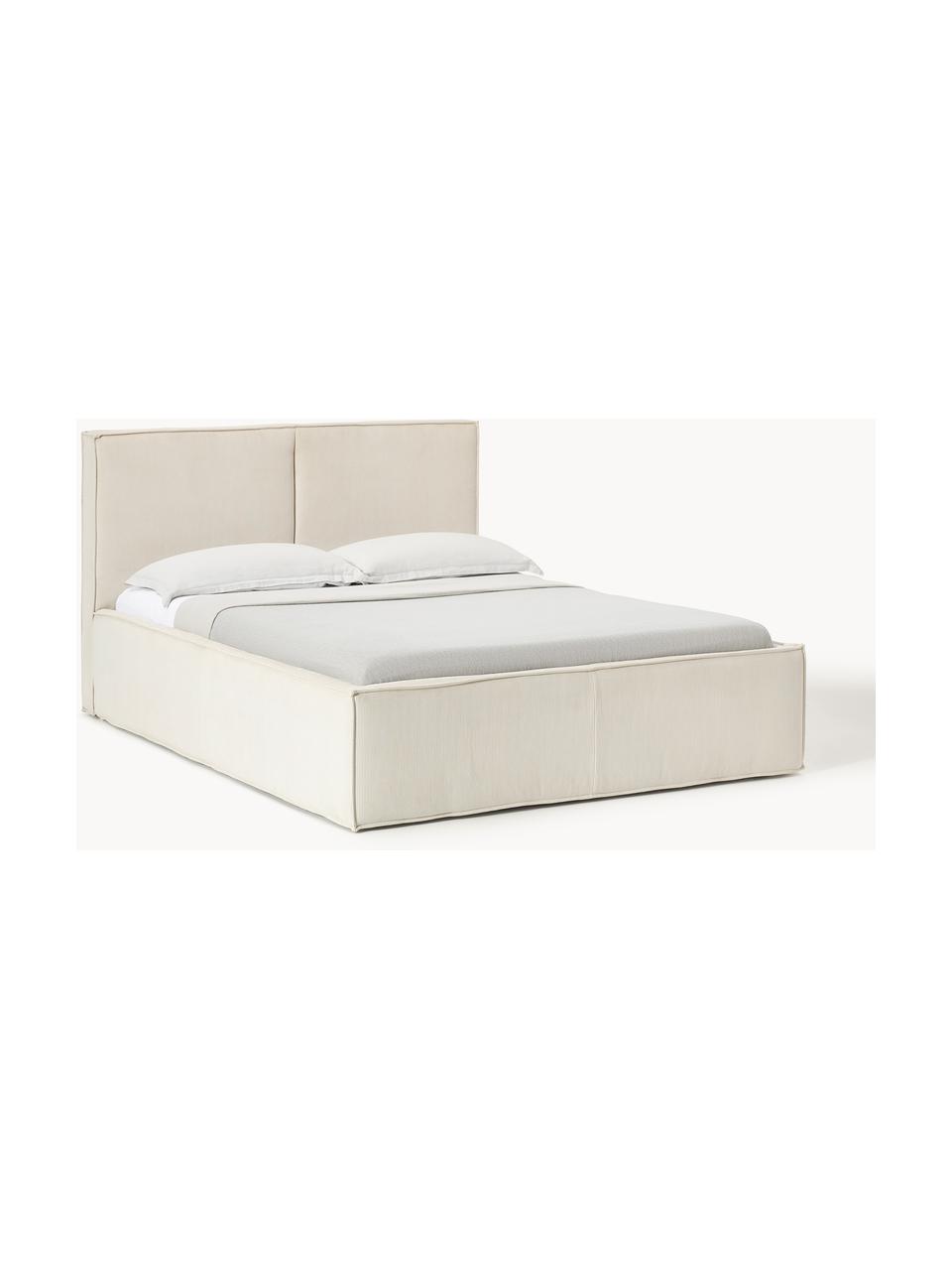 Cama tapizada de pana con espacio de almacenaje Dream, Tapizado: pana (92% poliéster, 8% p, Cuerpo: madera de abeto, aglomera, Patas: madera de abedul Este pro, Pana blanco Off White, An 140 x L 200 cm