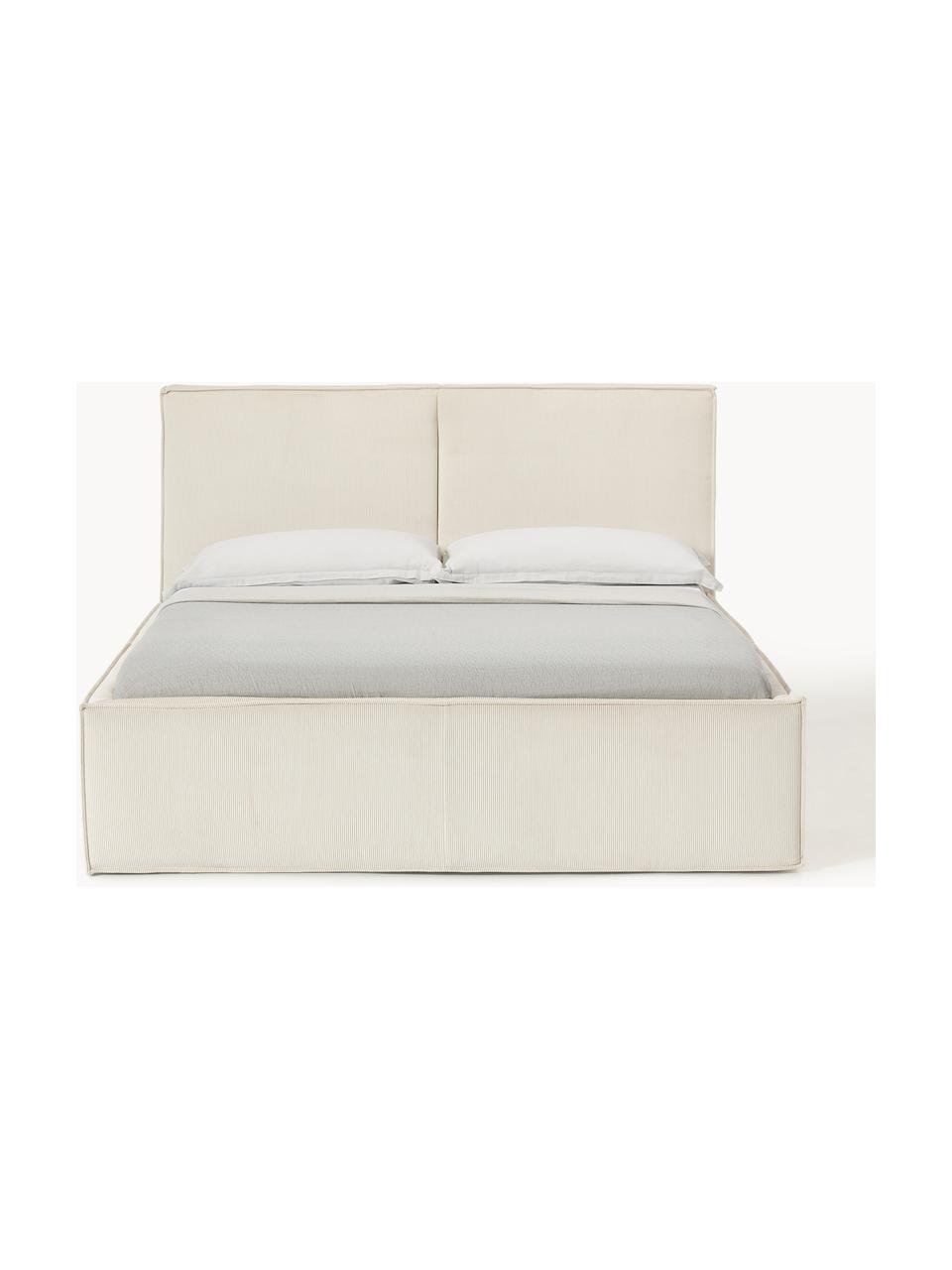 Cama tapizada de pana con espacio de almacenaje Dream, Tapizado: pana (92% poliéster, 8% p, Cuerpo: madera de abeto, aglomera, Patas: madera de abedul Este pro, Pana blanco Off White, An 140 x L 200 cm