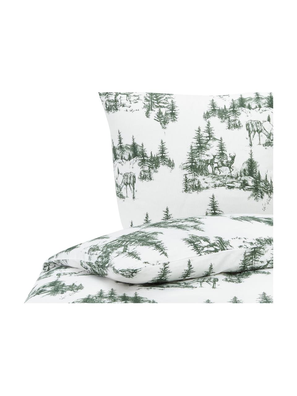 Flanell-Bettwäsche Nordic mit winterlichem Motiv in Grün/Weiß, Webart: Flanell Flanell ist ein k, Grün, Weiß, 135 x 200 cm + 1 Kissen 80 x 80 cm