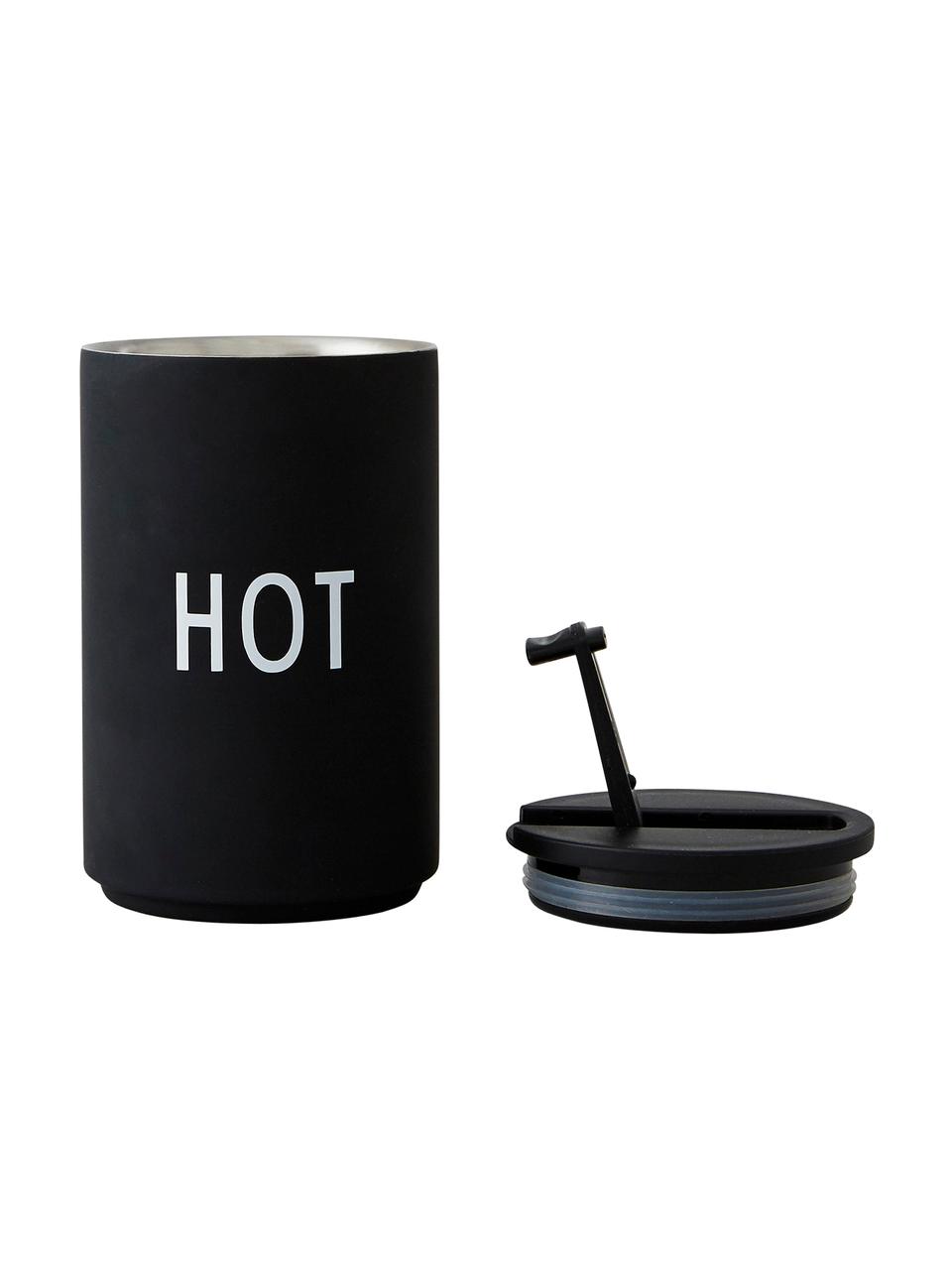 Design koffie-to-go beker Favourite HOT in zwart met opschrift, Gecoat edelstaal, Zwart, wit, Ø 8 x H 13 cm, 350 ml