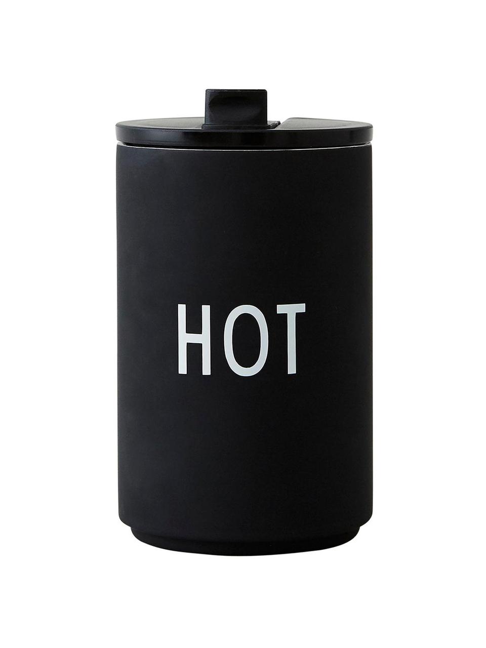 Designový cestovní hrnek s nápisem Favourite HOT, Potažená nerezová ocel, Černá, bílá, Ø 8 x V 13 cm, 350 ml