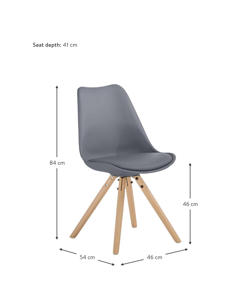 Kunststoffstühle Max mit gepolsterter Sitzfläche in Grau, 2 Stück, Sitzfläche: Kunstleder, PVC-Kunststof, Beine: Buchenholz, Grau, B 46 x T 54 cm