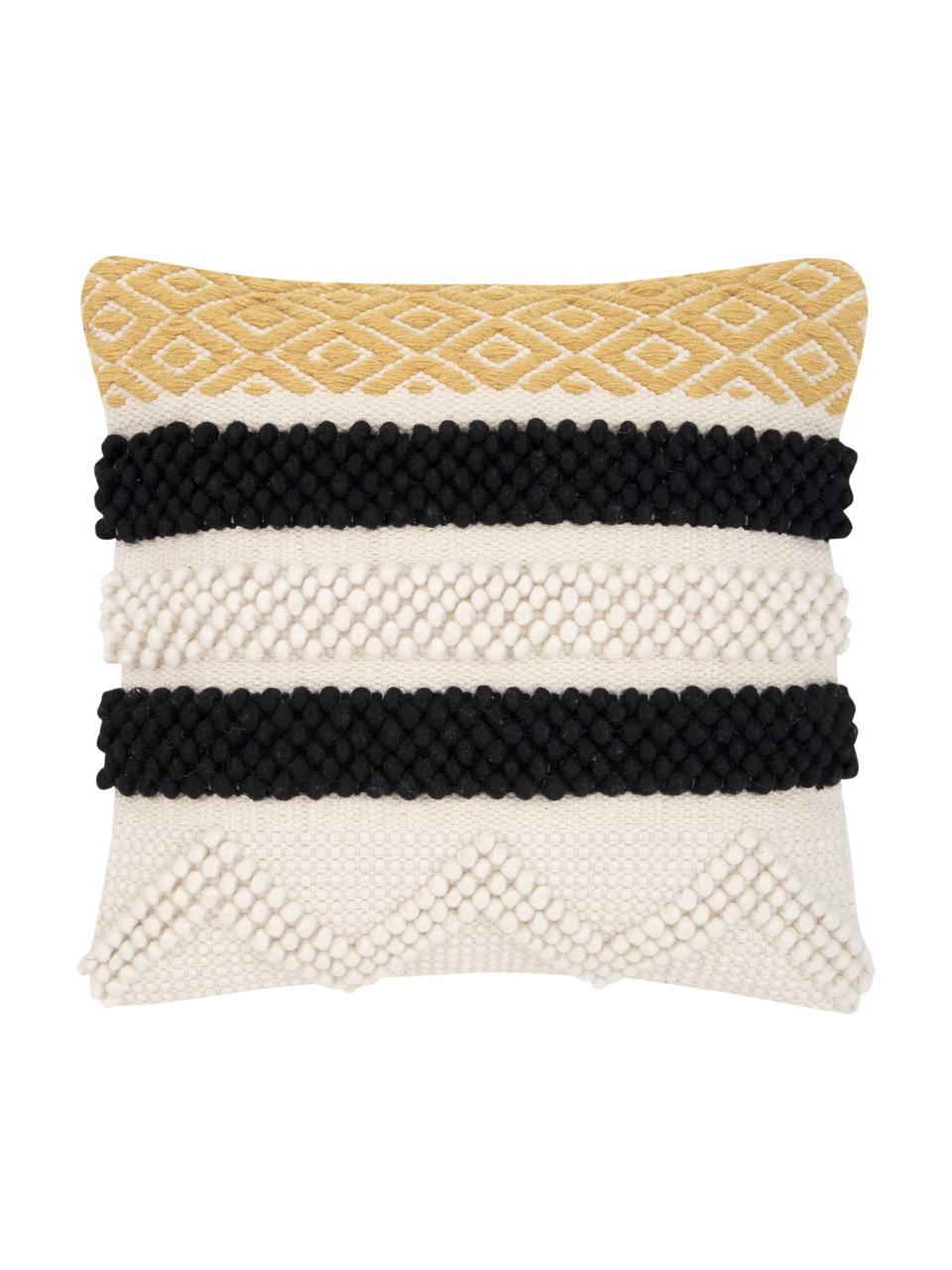 Housse de coussin 45x45 bohème Takala, 80 % coton, 20 % polyester, Blanc crème, noir, jaune, larg. 45 x long. 45 cm