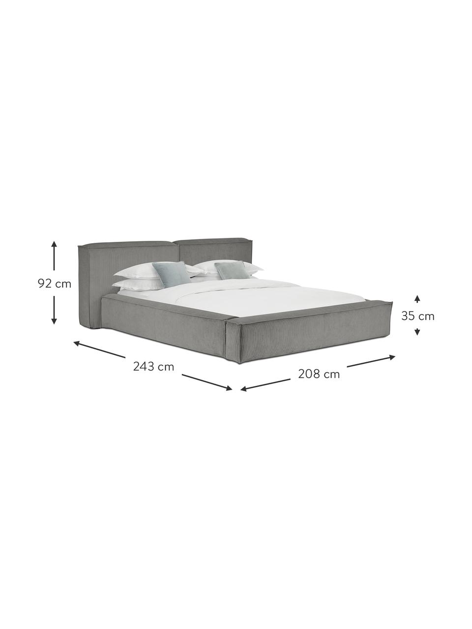 Letto imbottito in velluto a coste Lennon, Rivestimento: velluto a coste (98% poli, Struttura: legno di pino massiccio c, Piedini: legno certificato FSC, pl, Velluto a coste grigio, Larg. 140 x Lung. 200 cm