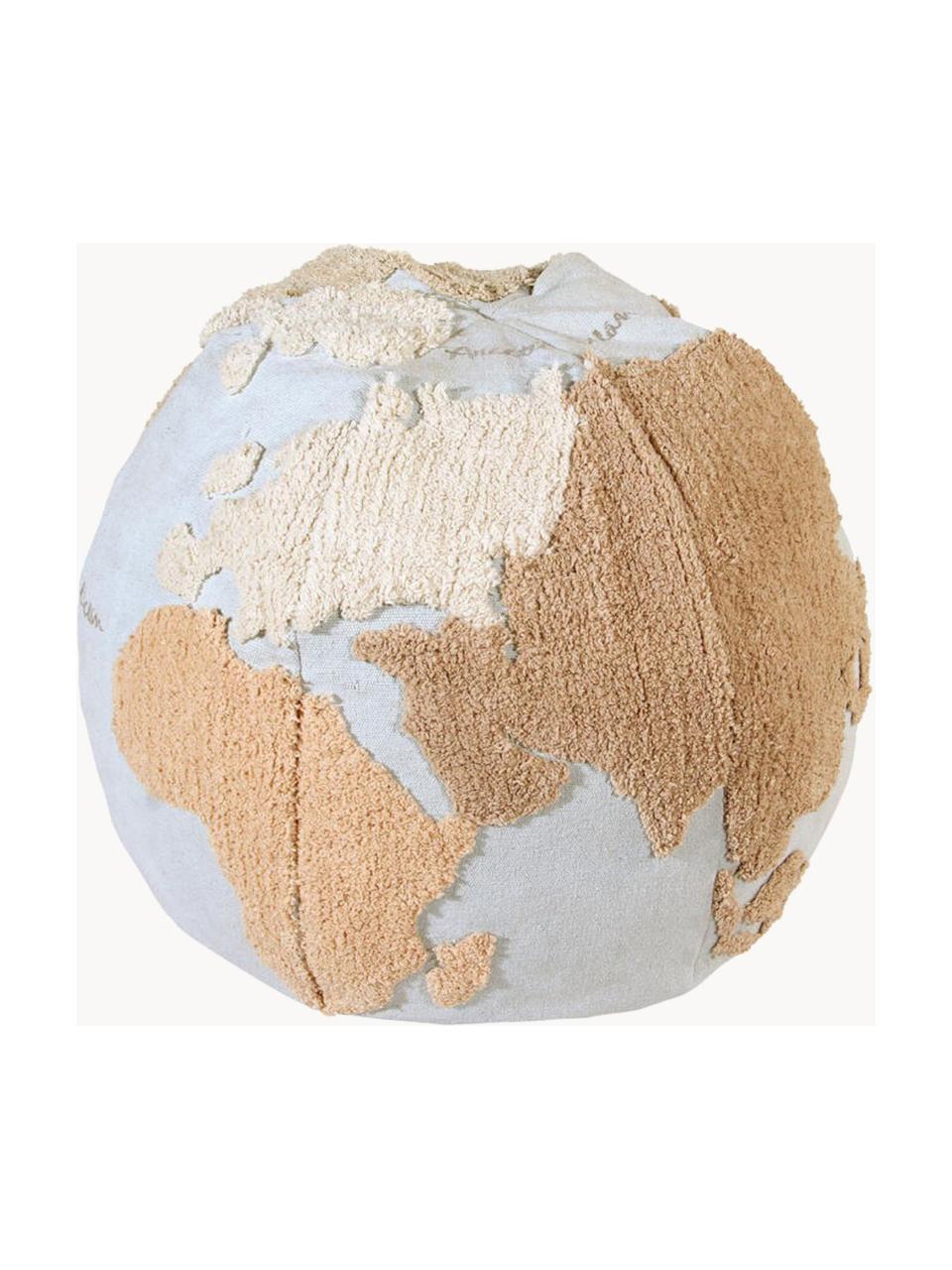 Handgefertigter Kinder-Pouf World Map, Bezug: 97 % Baumwolle, 3 % Kunst, Hellblau, Beigetöne, Off White, Ø 50 x H 45 cm