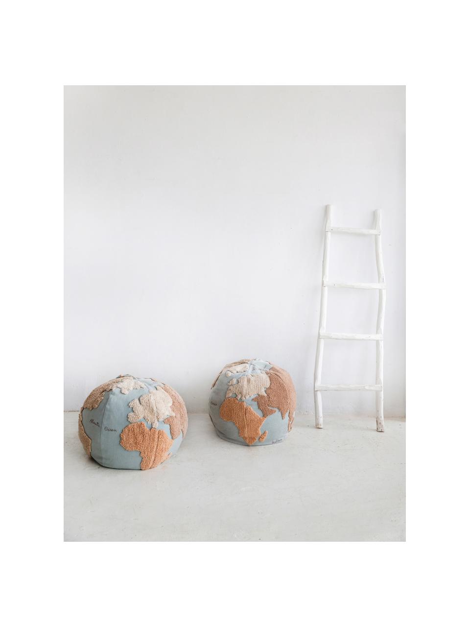 Handgefertigter Kinder-Pouf World Map, Bezug: 97 % Baumwolle, 3 % Kunst, Hellblau, Beigetöne, Off White, Ø 50 x H 45 cm