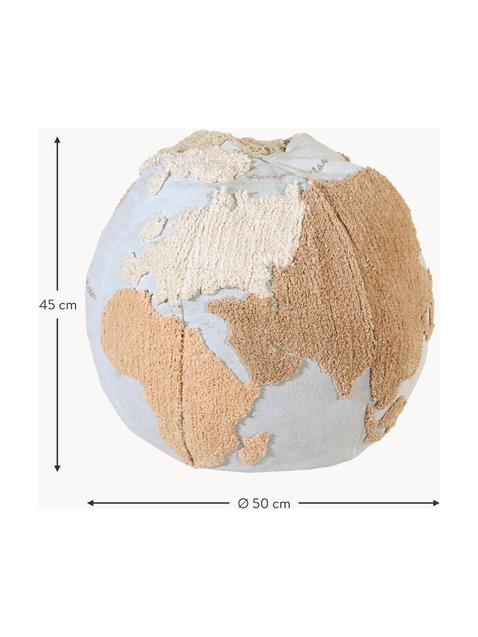 Handgemaakte kinderpoef World Map, Bekleding: 97% katoen, 3% kunstvezel, Lichtblauw, beigetinten, gebroken wit, Ø 50 x H 45 cm