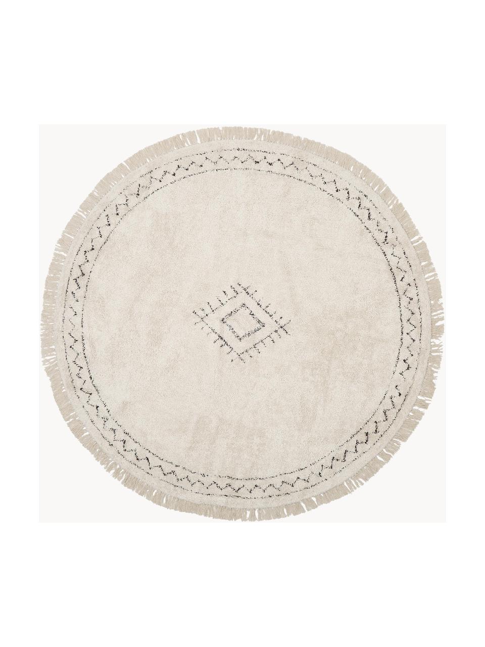Alfombra redonda artesanal de algodón con flecos Flonn, Beige, negro, Ø 150 cm (Tamaño M)