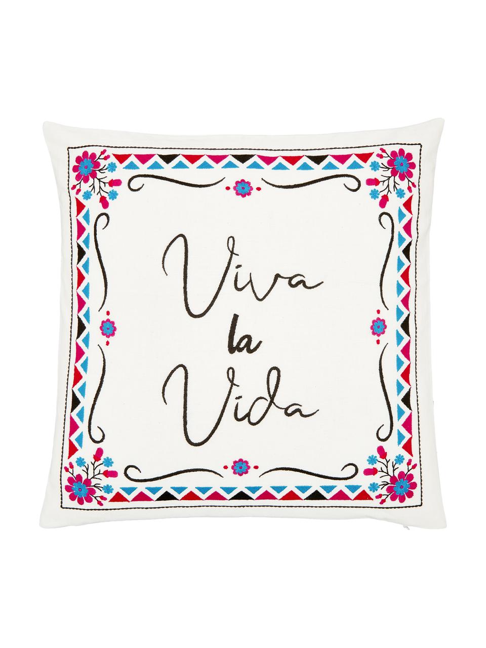 Funda de cojín bordada de algodón Viva la Vida, 100% algodón, Blanco crema, multicolor, An 45 x L 45 cm