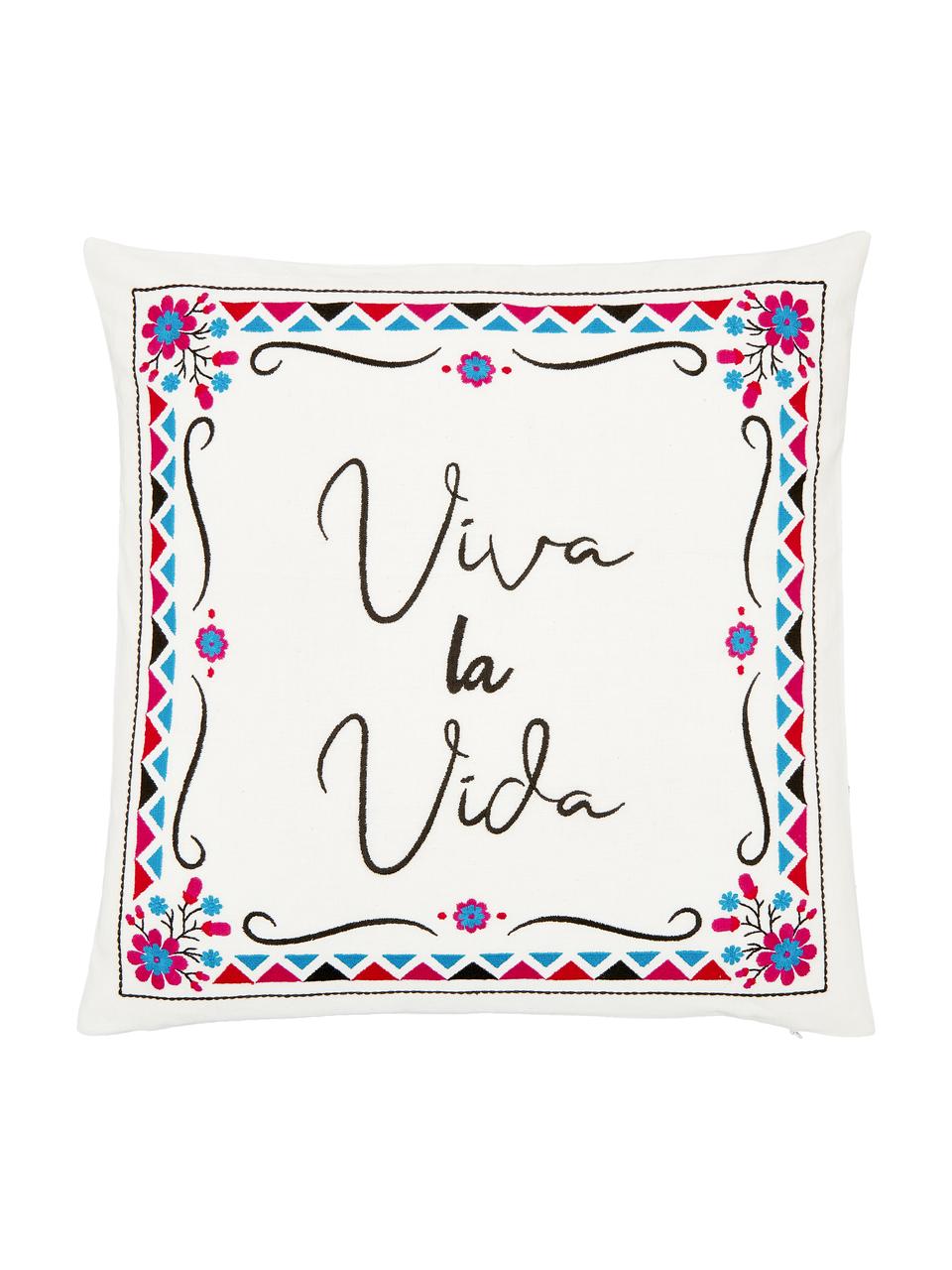 Kleurrijk geborduurde kussenhoes Viva la Vida, 100% katoen, Crèmewit, multicolour, B 45 x L 45 cm