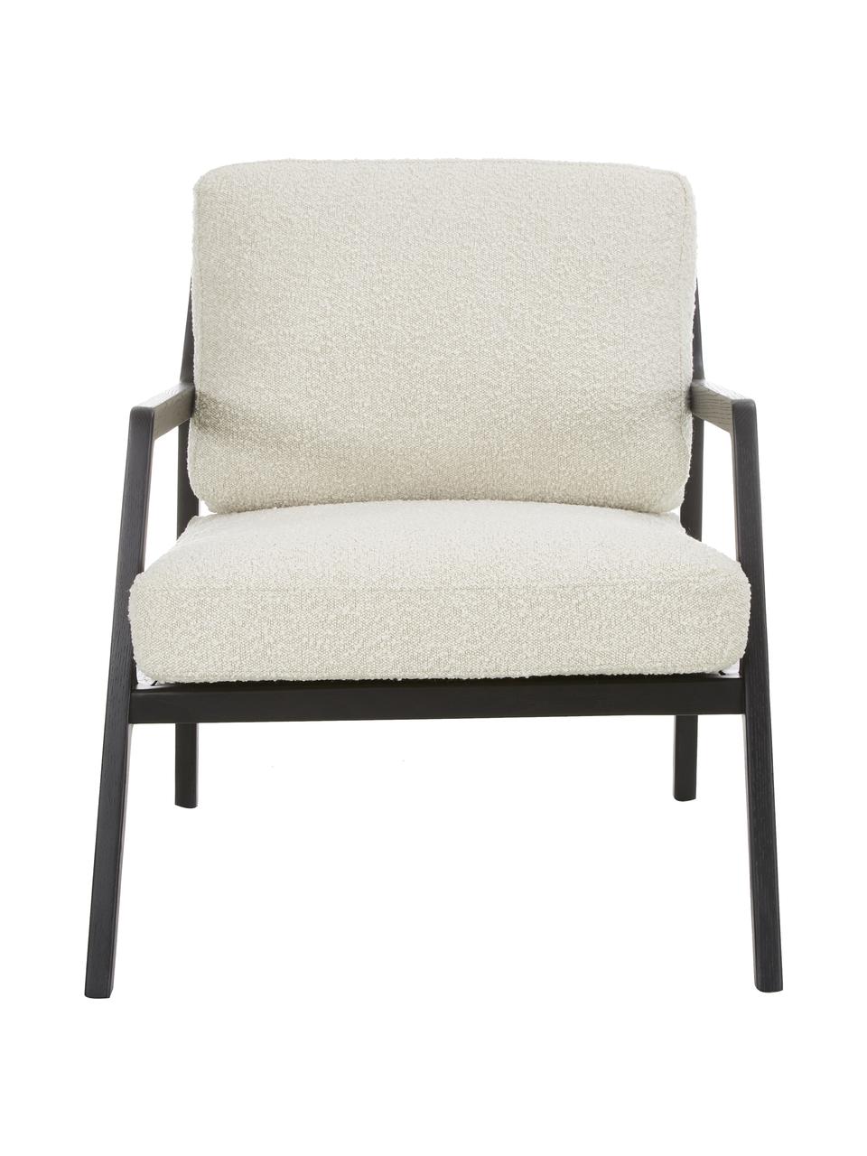 Bouclé fauteuil Becky van eikenhout, Bekleding: 54% polyester, 46% acryl , Frame: massief eikenhout, Bouclé beige, zwart gelakt eikenhout, B 73 x H 71 cm