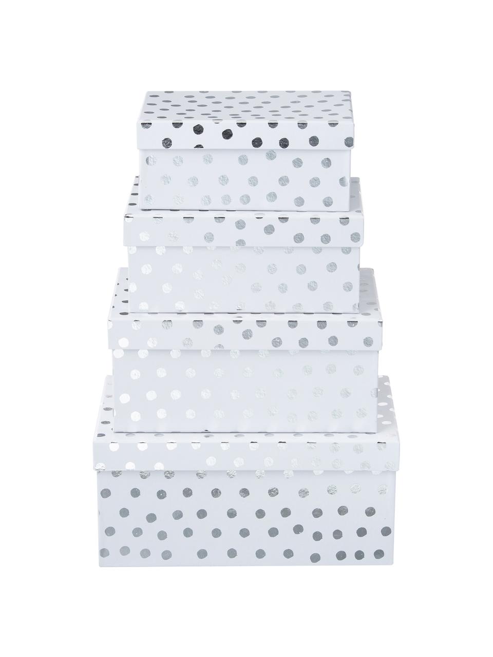 Geschenkdozenset Dots, 4-delig, Karton, Wit, zilverkleurig, Set met verschillende formaten