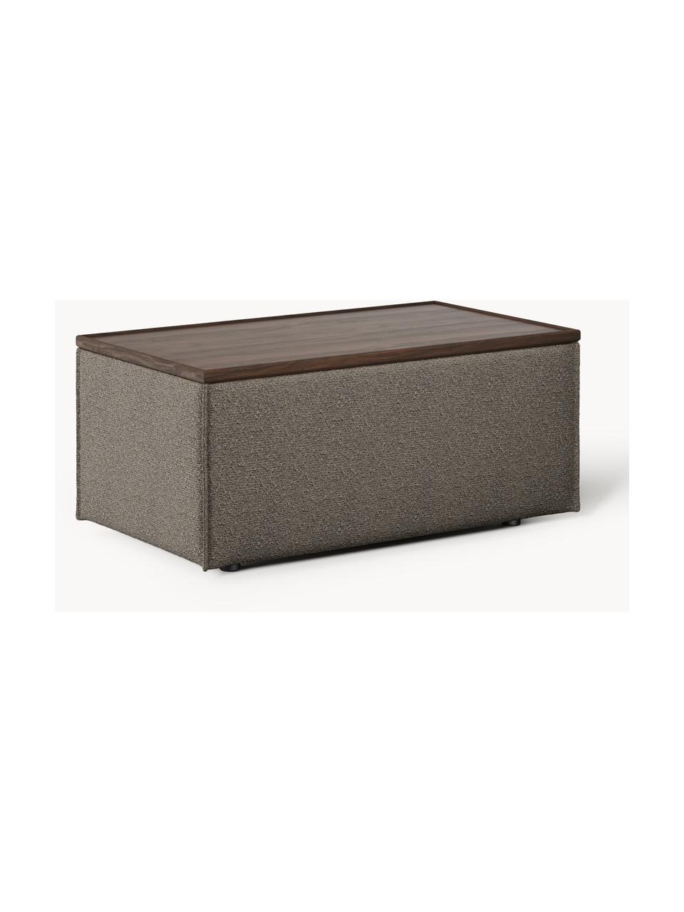 Sofa-Hocker Lennon aus Bouclé mit Stauraum, Bezug: Bouclé (80 % Polyester, 2, Tablett: Eichenholz, Spannplatte m, Gestell: Spanplatte, mitteldichte , Bouclé Greige, dunkles Eichenholz, B 88 x T 50 cm