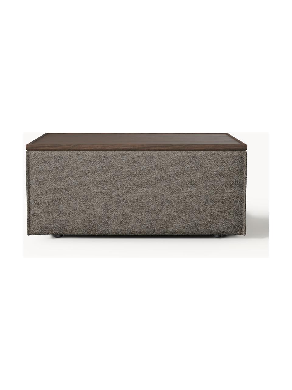 Sofa-Hocker Lennon aus Bouclé mit Stauraum, Bezug: Bouclé (80 % Polyester, 2, Tablett: Eichenholz, Spannplatte m, Gestell: Spanplatte, mitteldichte , Bouclé Greige, dunkles Eichenholz, B 88 x T 50 cm