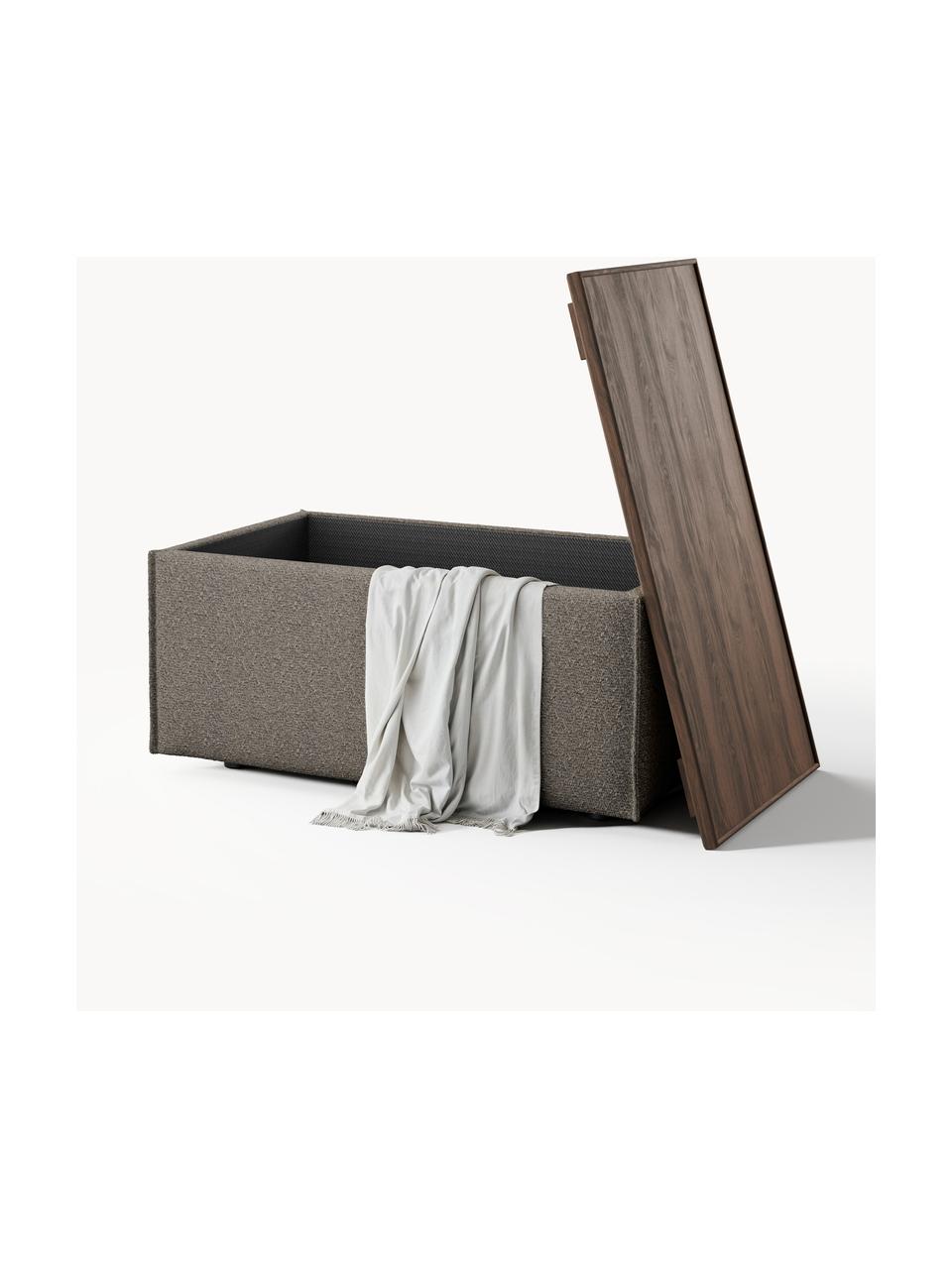 Sofa-Hocker Lennon aus Bouclé mit Stauraum, Bezug: Bouclé (80 % Polyester, 2, Tablett: Eichenholz, Spannplatte m, Gestell: Spanplatte, mitteldichte , Bouclé Greige, dunkles Eichenholz, B 88 x T 50 cm