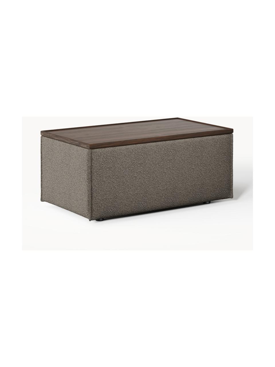 Sofa-Hocker Lennon aus Bouclé mit Stauraum, Bezug: Bouclé (80 % Polyester, 2, Tablett: Eichenholz, Spannplatte m, Gestell: Spanplatte, mitteldichte , Bouclé Greige, dunkles Eichenholz, B 88 x T 50 cm