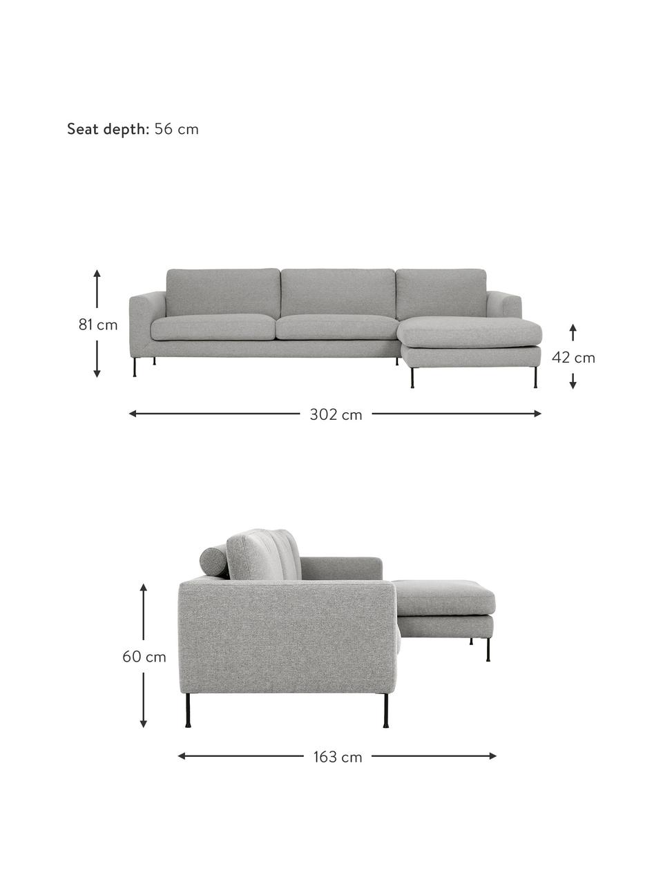 Hoekbank Cucita (4-zits) met metalen poten, Bekleding: geweven stof (100% polyes, Frame: massief grenenhout, FSC-g, Poten: gelakt metaal, Geweven stof lichtgrijs, B 302 x D 163 cm, hoekdeel rechts