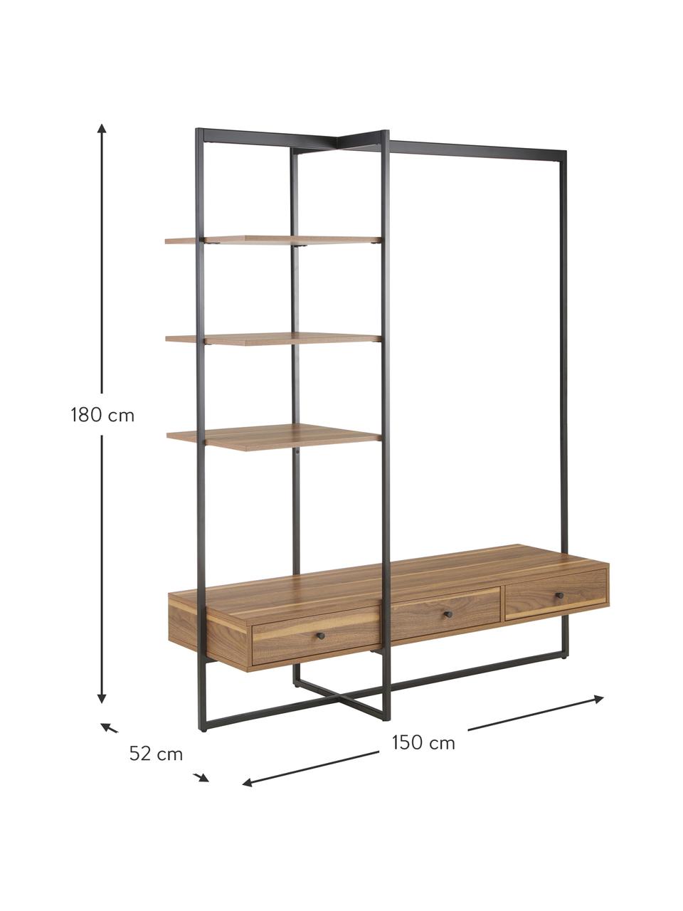 Open kledingkast Pacey in hout en metaal, Frame: gepoedercoat metaal, Hout, zwart, B 150 x H 180 cm