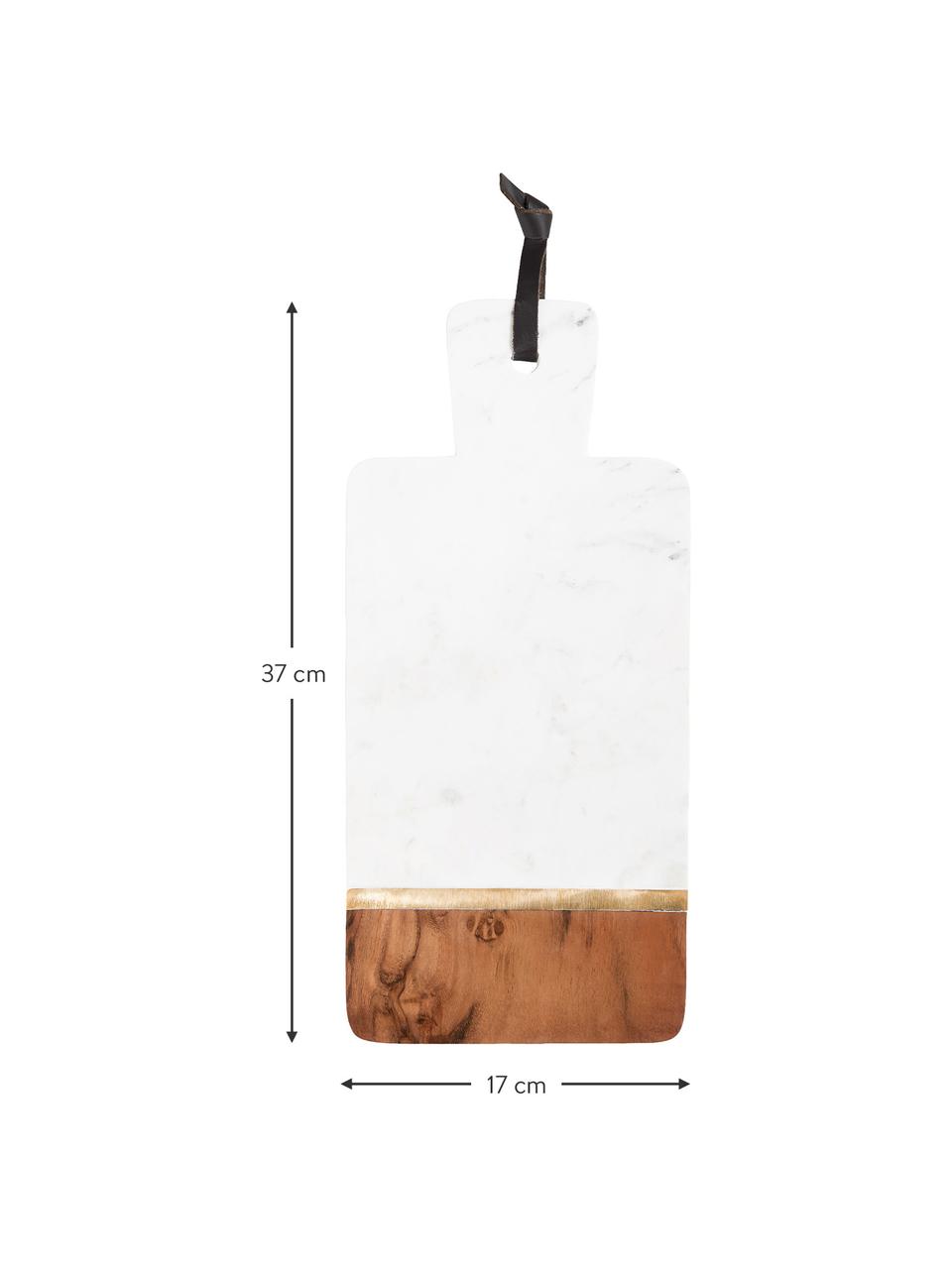 Marmeren snijplank Marble Kitchen, Marmer, acaciahout, messing, Wit, gemarmerd, acaciahout, goudkleurig, L 37 x B 17 cm