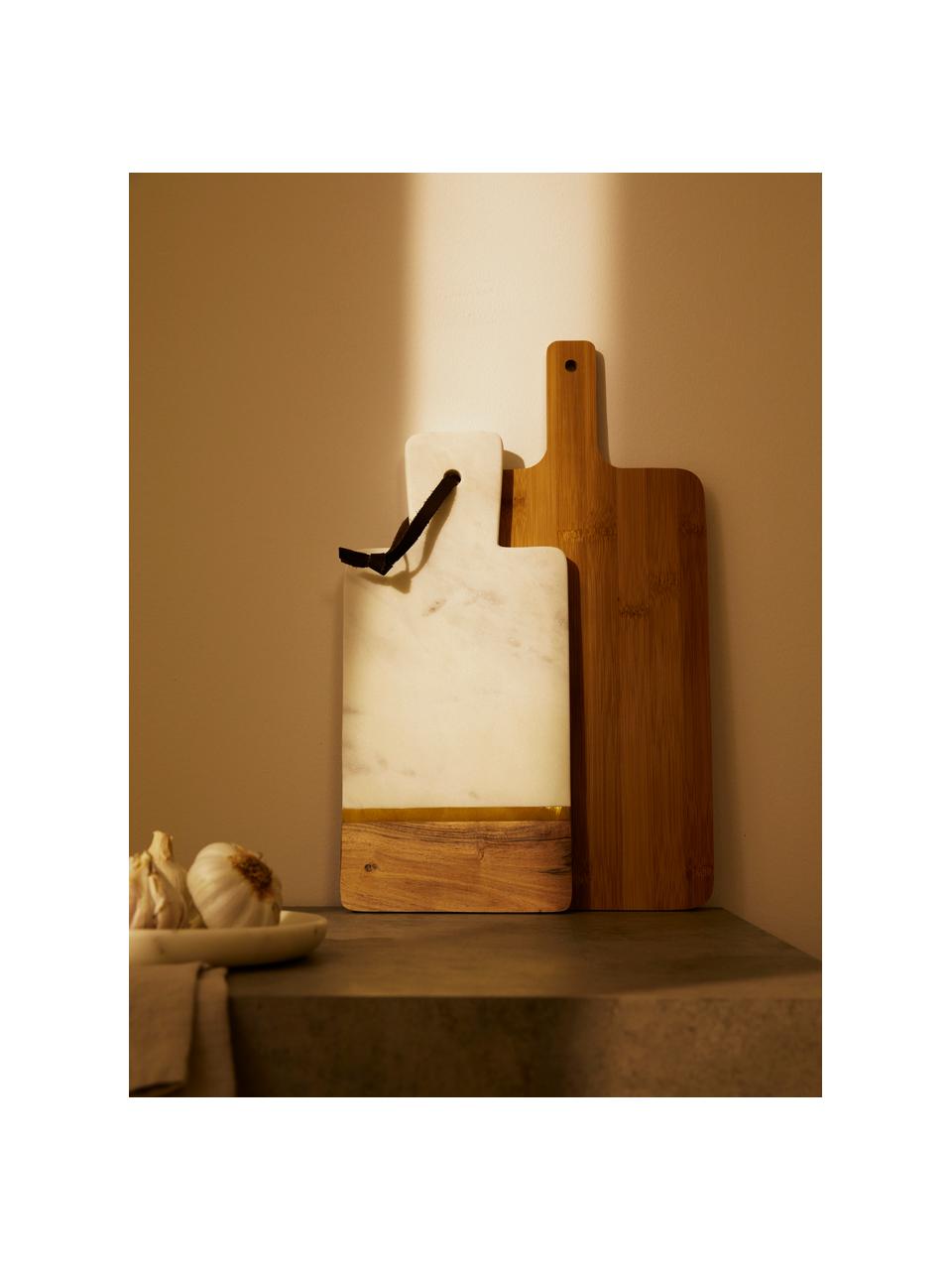 Deska do krojenia z marmuru Luxory Kitchen, Marmur, drewno akacjowe, mosiądz, Biały, marmurowy, drewno akacjowe, odcienie złotego, D 37 x S 17 cm