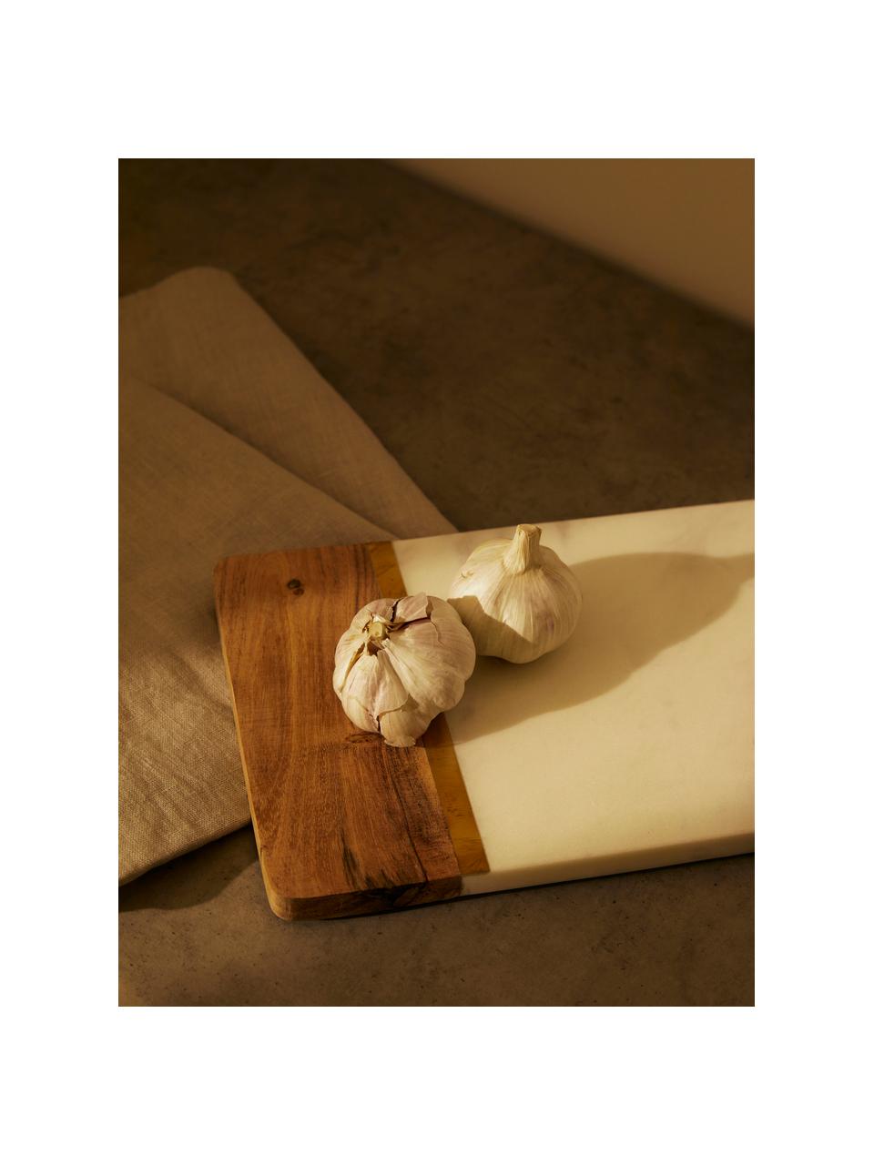 Mramorová doska na krájanie Marble Kitchen, Mramor, akáciové drevo, mosadz, Biela, mramorovaná, akáciové drevo, odtiene zlatej, D 37 x Š 17 cm