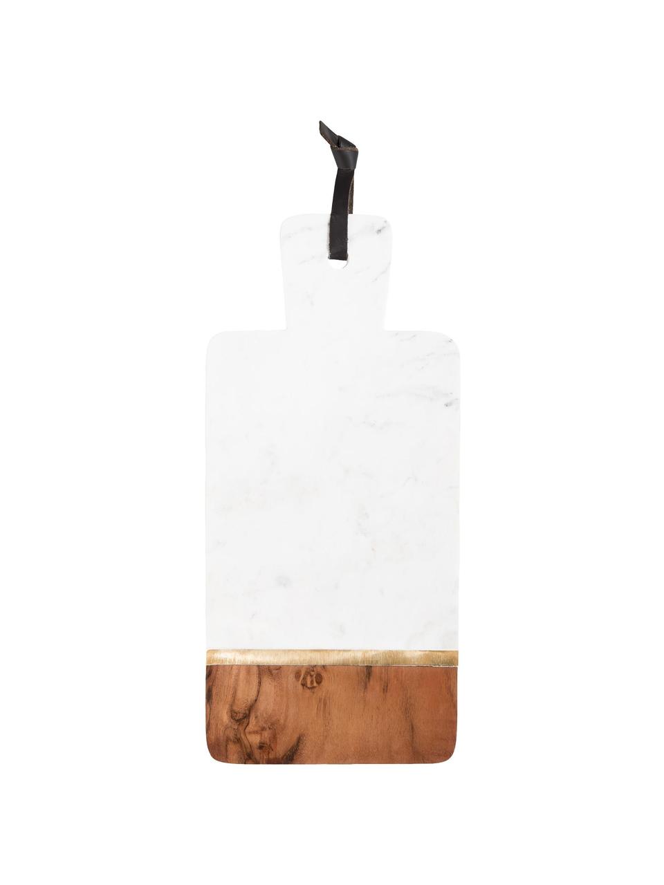 Marmeren snijplank Marble Kitchen, Marmer, acaciahout, messing, Wit, gemarmerd, acaciahout, goudkleurig, L 37 x B 17 cm