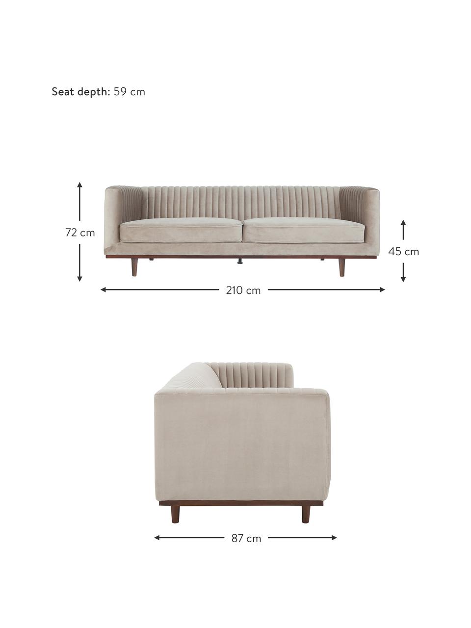 Divano 3 posti in velluto con piedini in legno Dante, Rivestimento: velluto di poliestere, Struttura: legno di caucciù, laccato, Velluto beige, Larg. 210 x Prof. 87 cm