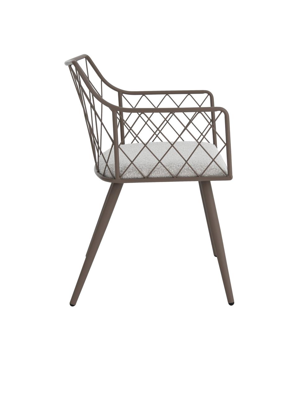 Metall-Armlehnstühle Heidie mit Bouclé-Sitzkissen, 2 Stück, Gestell: Metall, beschichtet, Webstoff Weiß, Taupe, B 53 x T 56 cm
