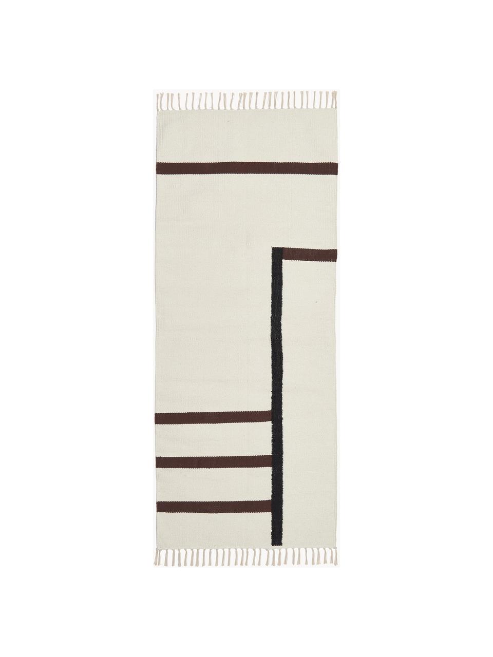 Alfombra corredor artesanal kilim Wyoming, 100% algodón con certificado GOTS, Blanco crema, negro, marrón, An 80 x L 200 cm