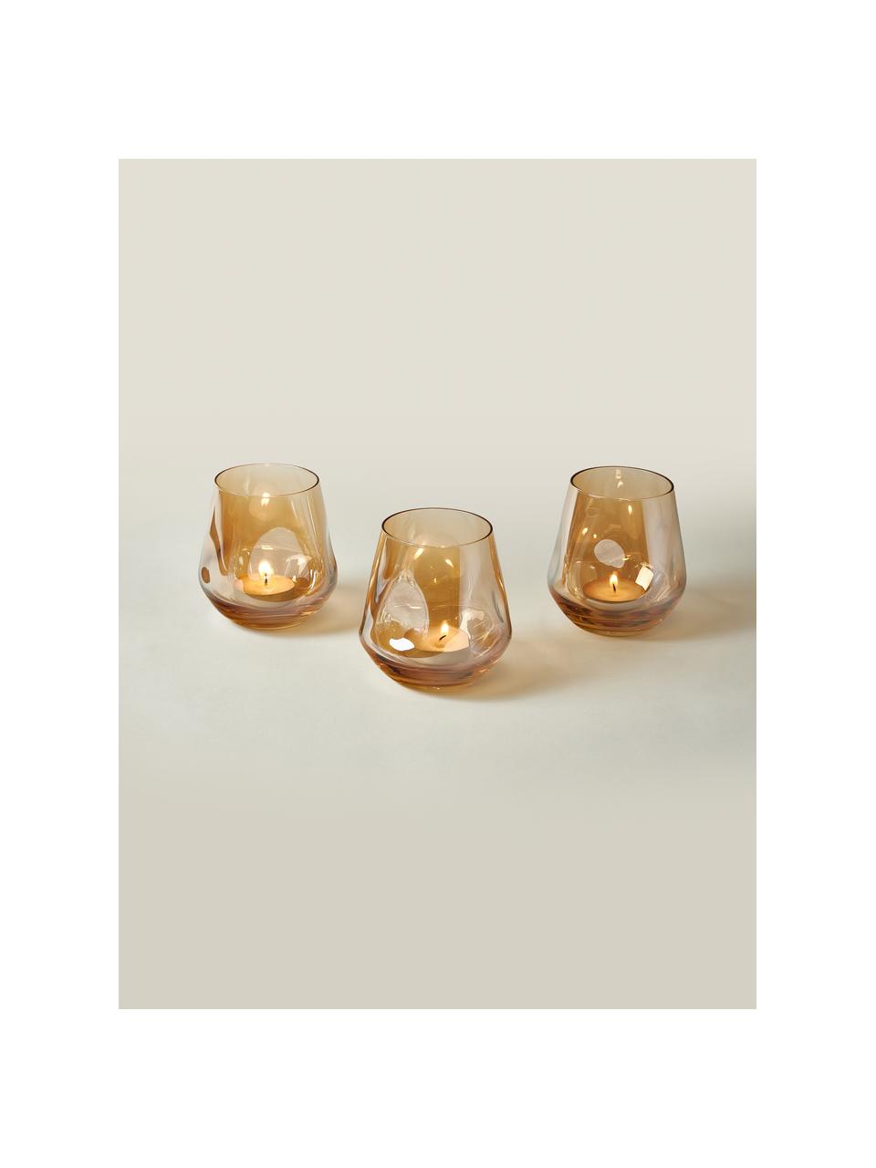 Handgefertigte Teelichthalter Luster, 3er-Set, Glas, Ocker, Ø 9 x H 9 cm