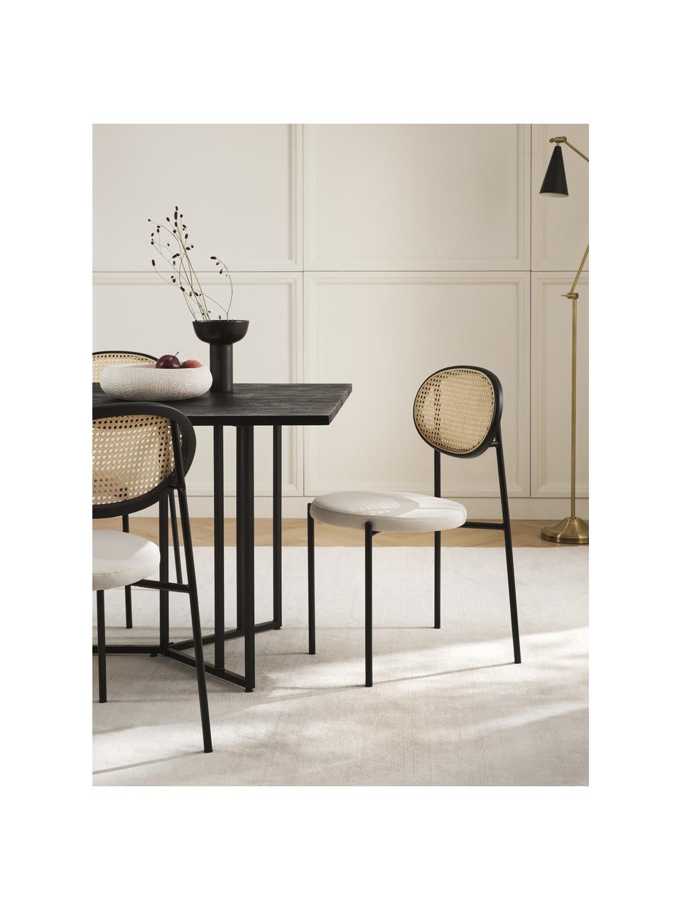 Chaises rembourrées avec cannage Remy, 2 pièces, Tissu blanc, cadre noir, larg. 54 x haut. 84 cm