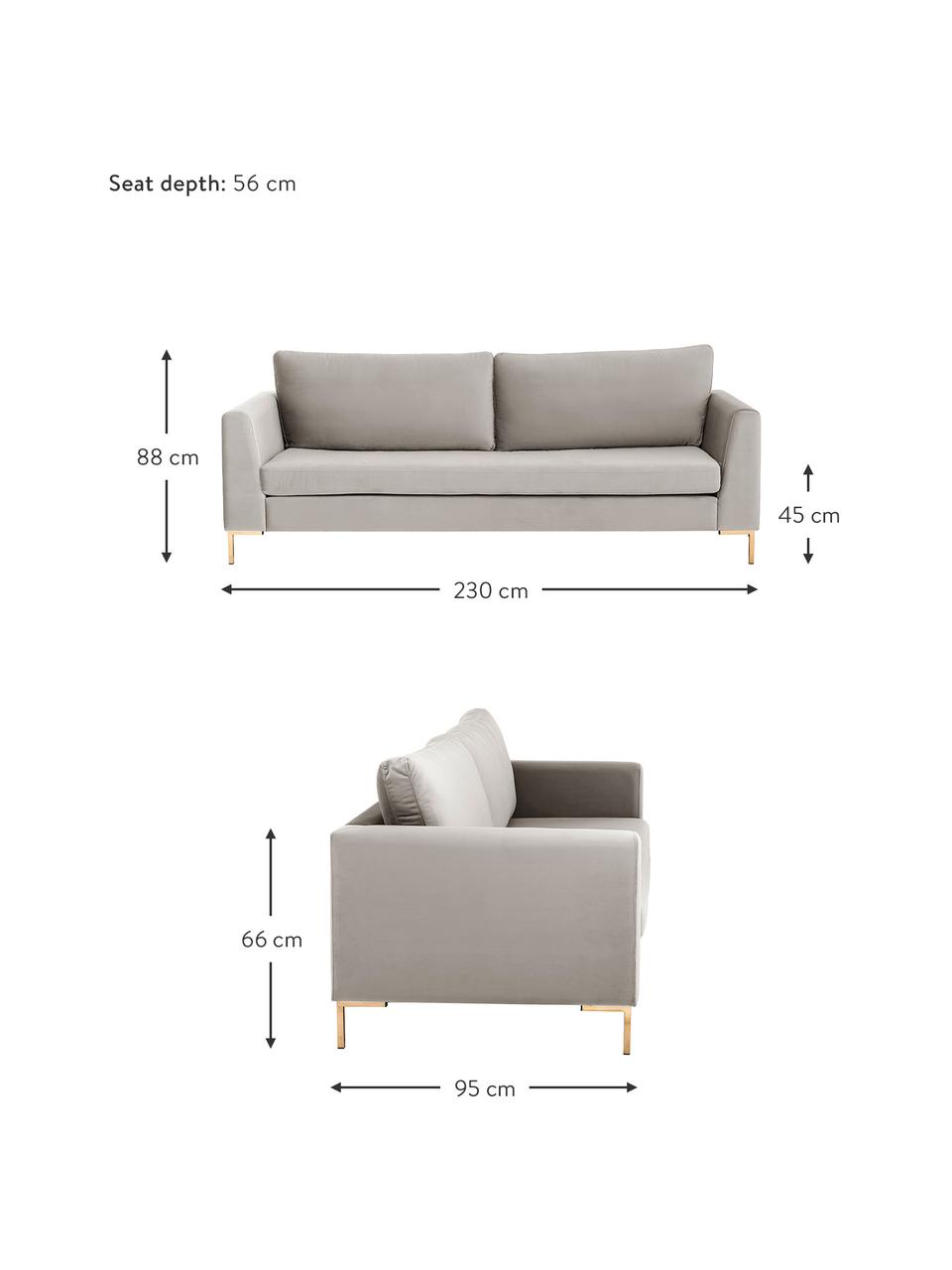 Divano 3 posti in velluto con piedini in metallo Luna, Rivestimento: velluto (poliestere) Con , Struttura: legno di faggio massiccio, Piedini: metallo zincato, Velluto beige, Larg. 230 x Prof. 95 cm