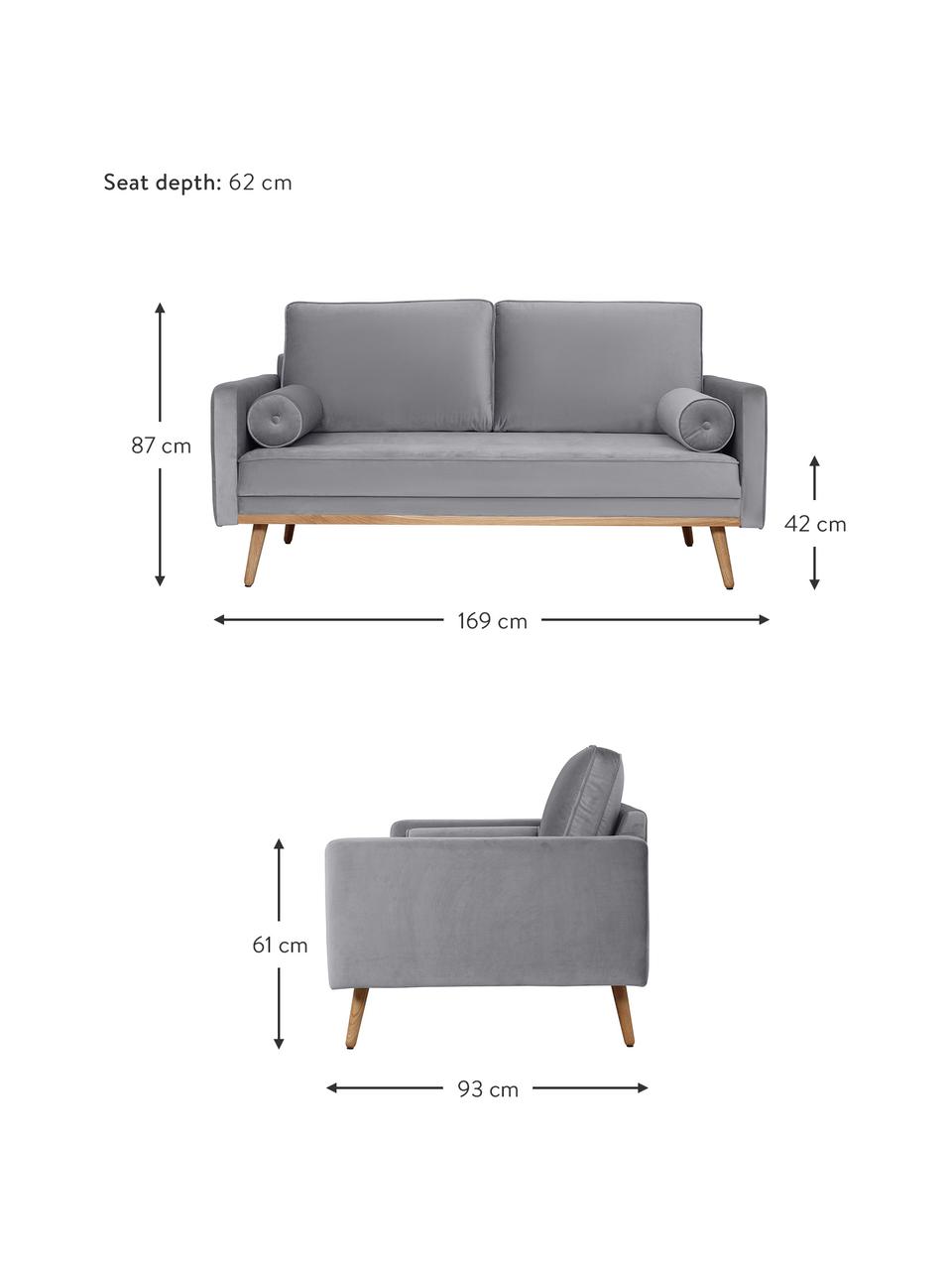 Fluwelen zitbank Saint (2-zits) in grijs met eikenhouten poten, Bekleding: fluweel (polyester) De sl, Frame: massief eikenhout, spaanp, Fluweel grijs, B 169 x D 87 cm