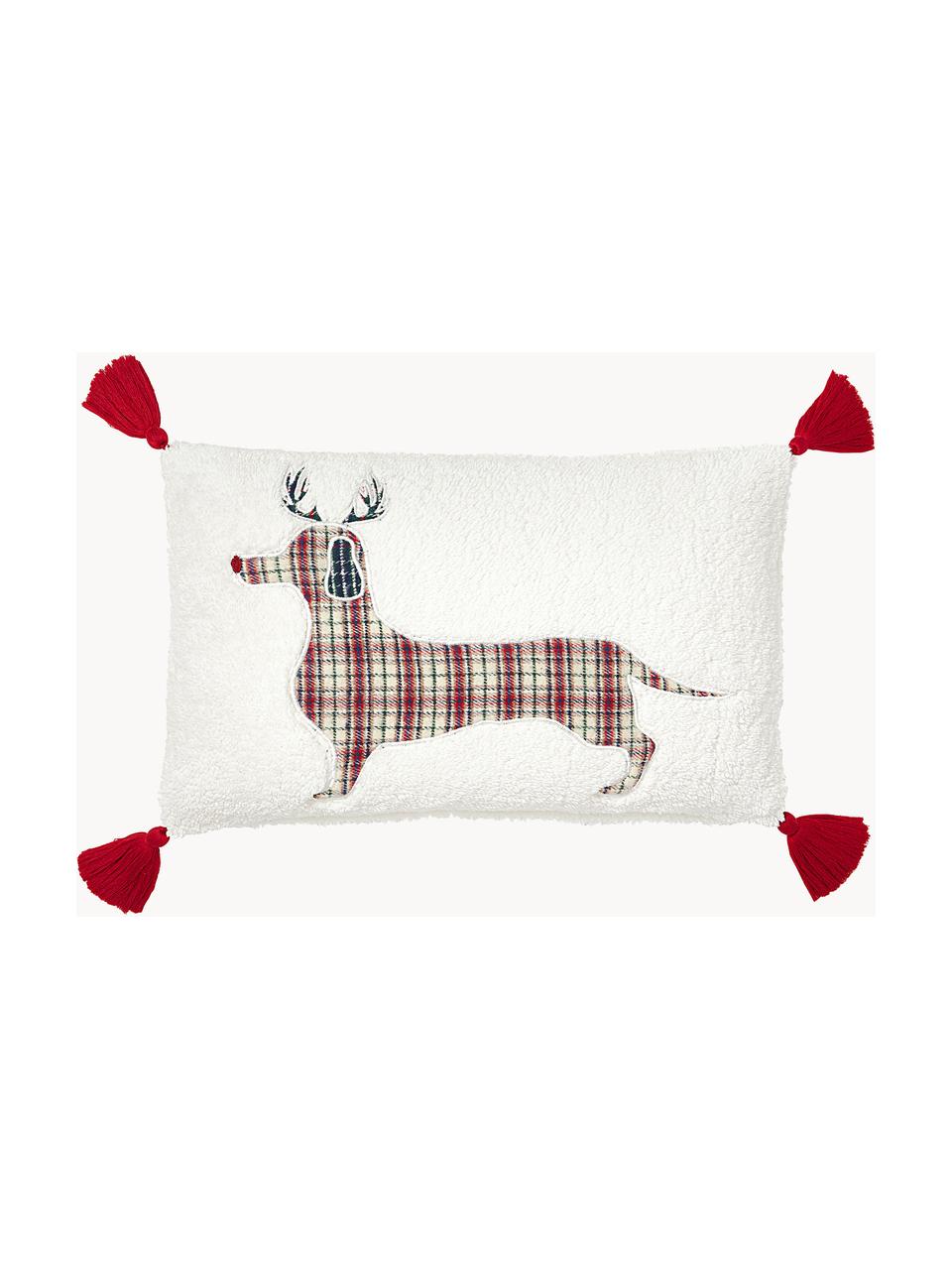 Federa arredo in tessuto teddy con motivo natalizio Dachs, Bianco, rosso, Larg. 30 x Lung. 50 cm