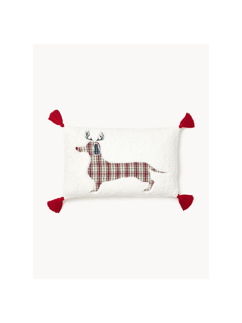 Funda de cojín de borreguillo navideña Dachs, Blanco, rojo, An 30 x L 50 cm