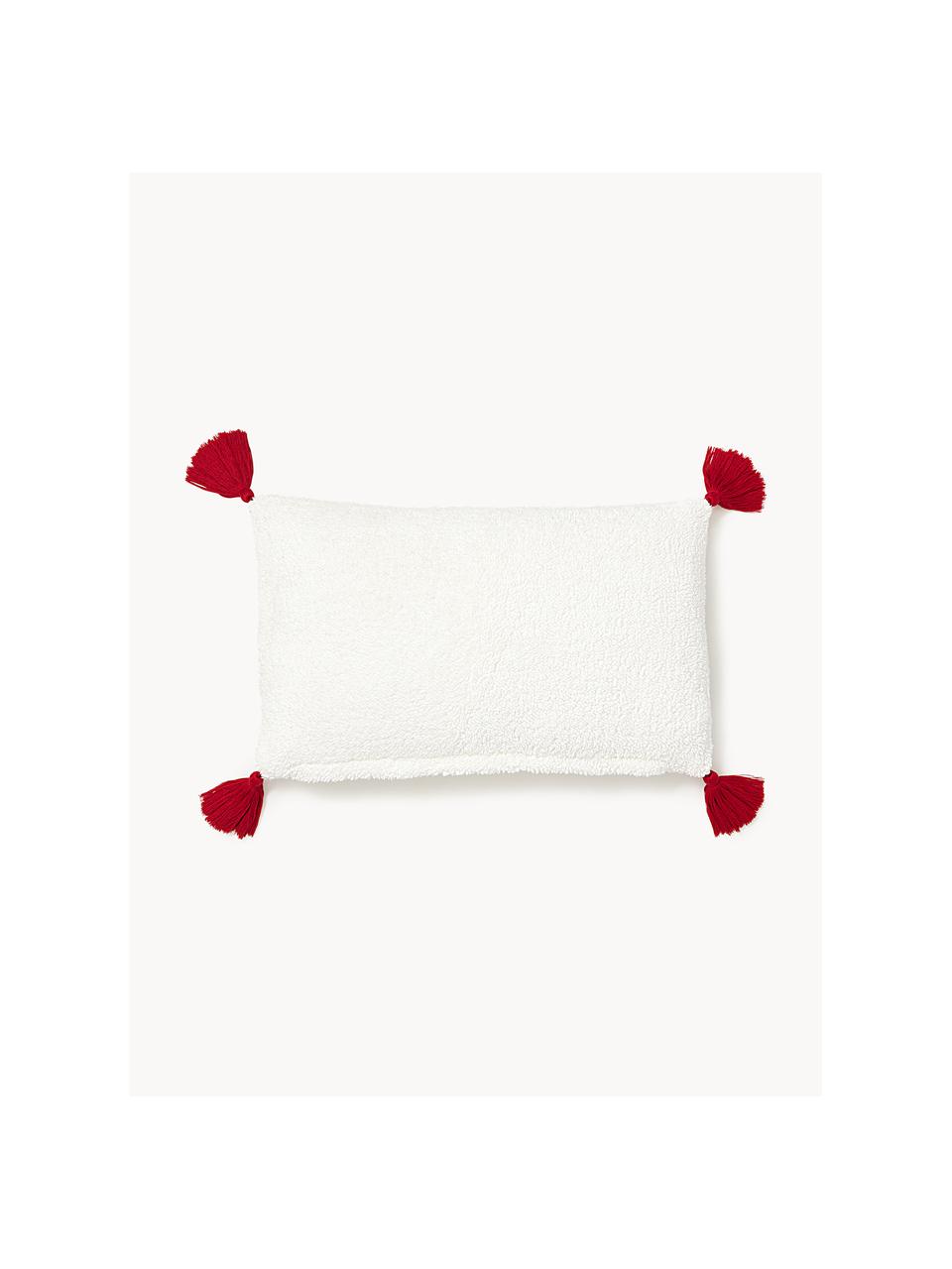 Funda de cojín de borreguillo navideña Dachs, Blanco, rojo, An 30 x L 50 cm