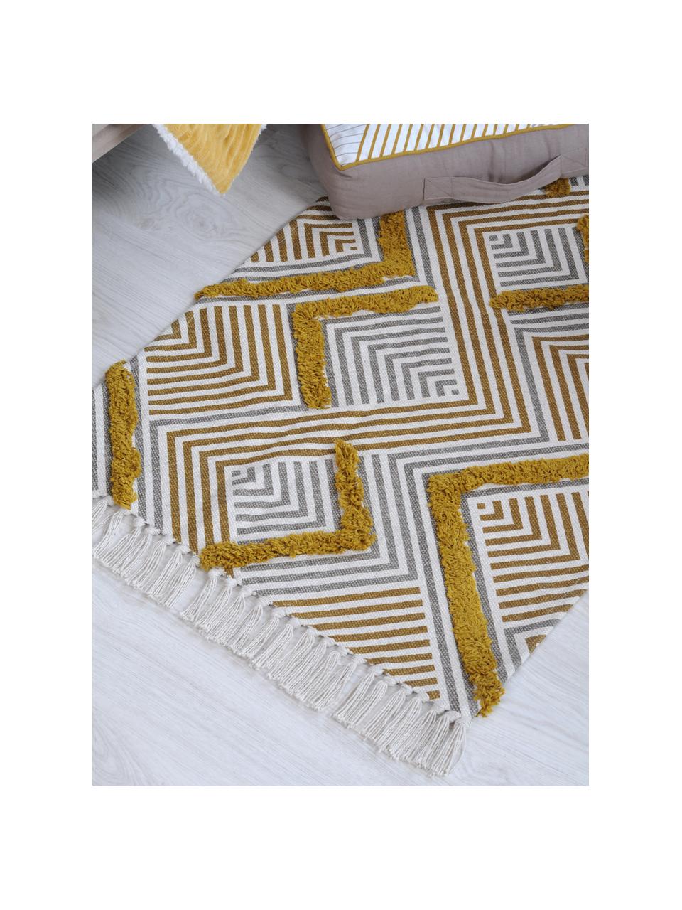 Malý etno koberec s reliéfnou štruktúrou a strapcami Chicago, 100 % bavlna, Horčicová, béžová, krémová, Š 60 x D 90 cm (veľkosť XXS)