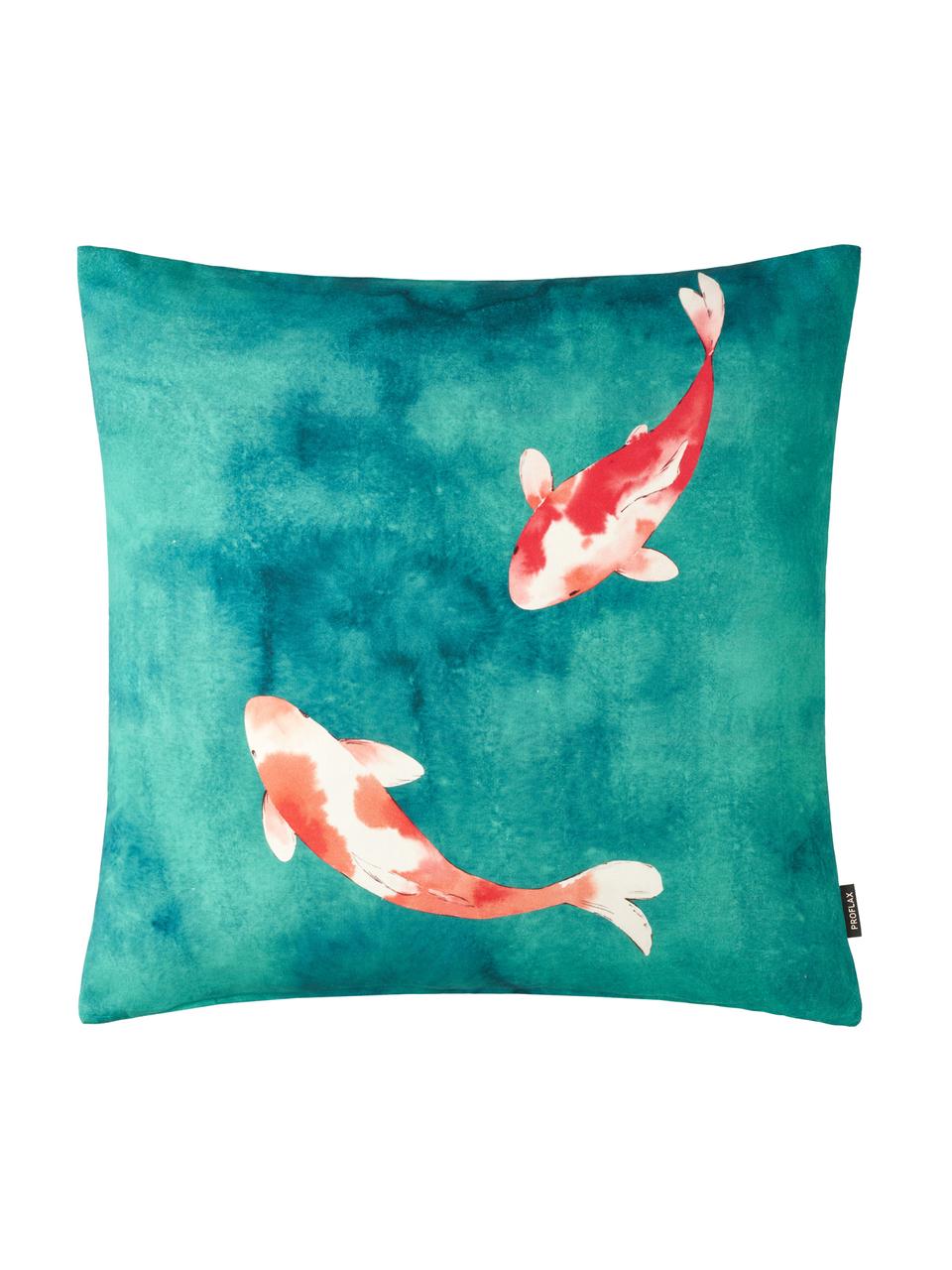 Housse de coussin 50x50 poissons Koi, Tons verts, rouge corail, crème