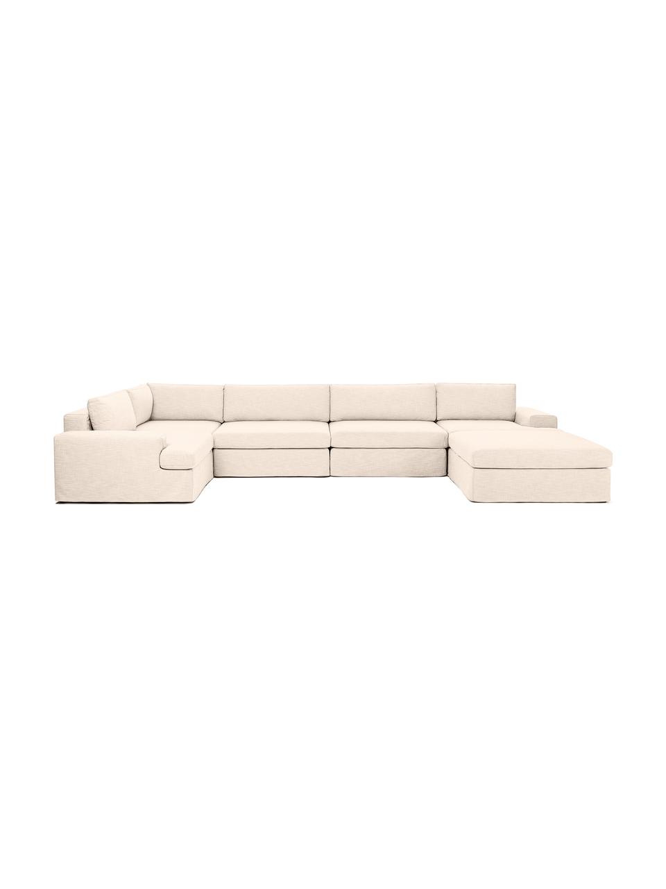 Sofa modułowa Russell, Tapicerka: 100% bawełna Dzięki tkani, Stelaż: lite drewno sosnowe z cer, Nogi: tworzywo sztuczne, Beżowa tkanina, S 412 x W 77 cm