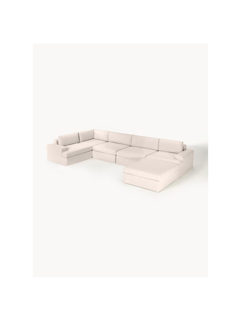 Sofá rinconera modular Russell, desenfundable, Tapizado: 100% algodón Alta resiste, Tapizado: relleno de espuma, Estructura: madera contrachapada de p, Patas: plástico Este producto es, Tejido beige claro, An 412 x F 206 cm